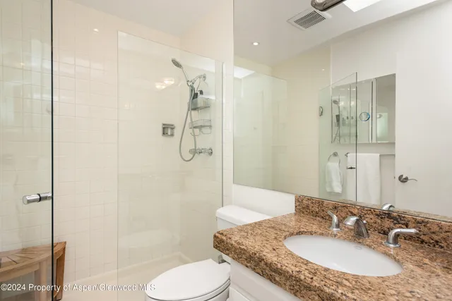 a bathroom with a granite countertop sink toilet and shower