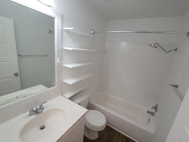 a bathroom with a bathtub shower sink vanity and toilet
