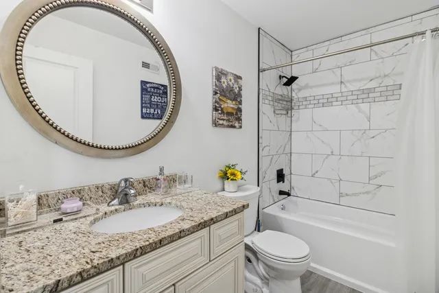 a bathroom with a granite countertop toilet a sink and a mirror