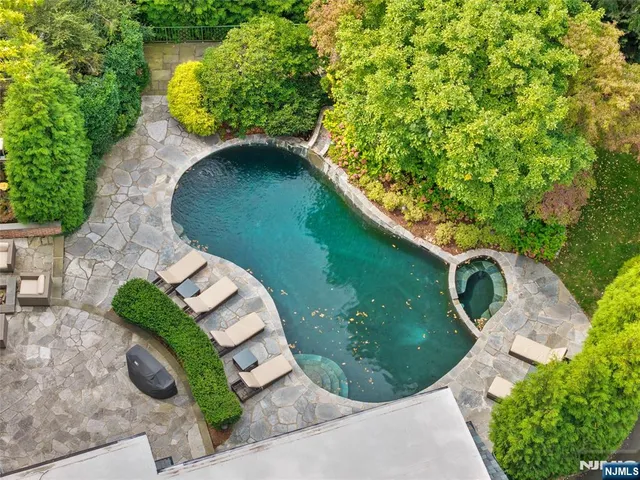 a view of a swimming pool with a yard