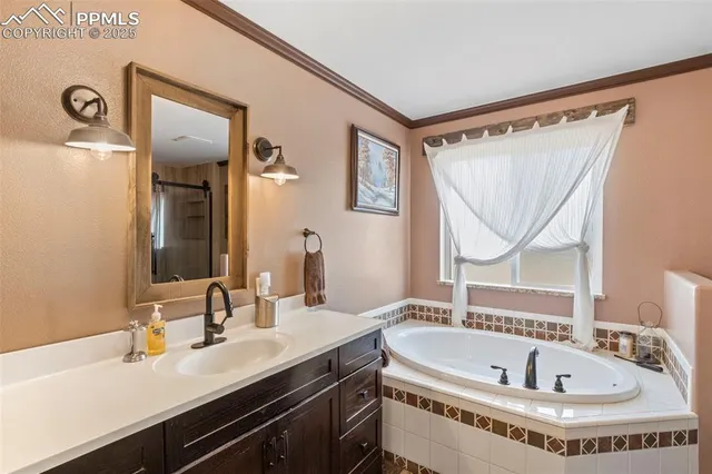 a bathroom with a tub a sink and mirror