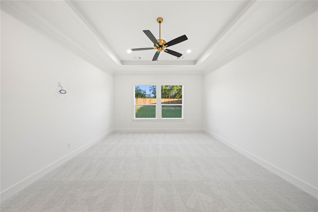 108 Bel Grand Road Haslet, TX 76052 - Photo 26 of 40 Unfurnished room featuring light carpet, a ceiling fan, ornamental molding, a raised ceiling, and recessed lighting