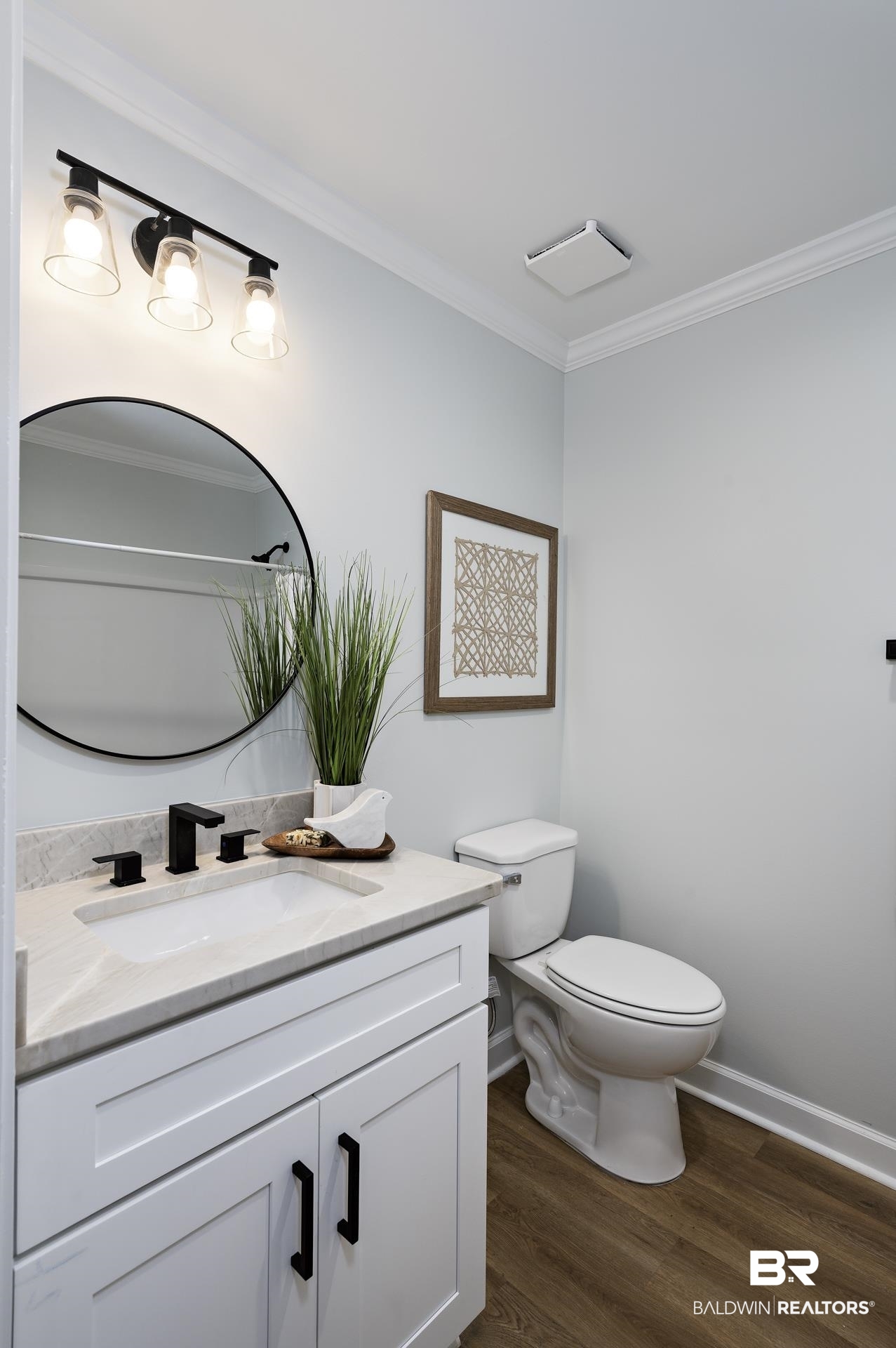 6001 Camp Halls Mill Road Mobile, AL 36619 - Photo 24 of 52 Bathroom with crown molding, vanity, and dark wood-style flooring