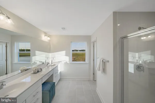 a bathroom with a double vanity sink mirror and shower