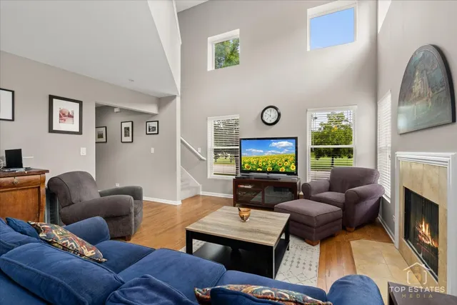 a living room with furniture a fireplace and a flat screen tv