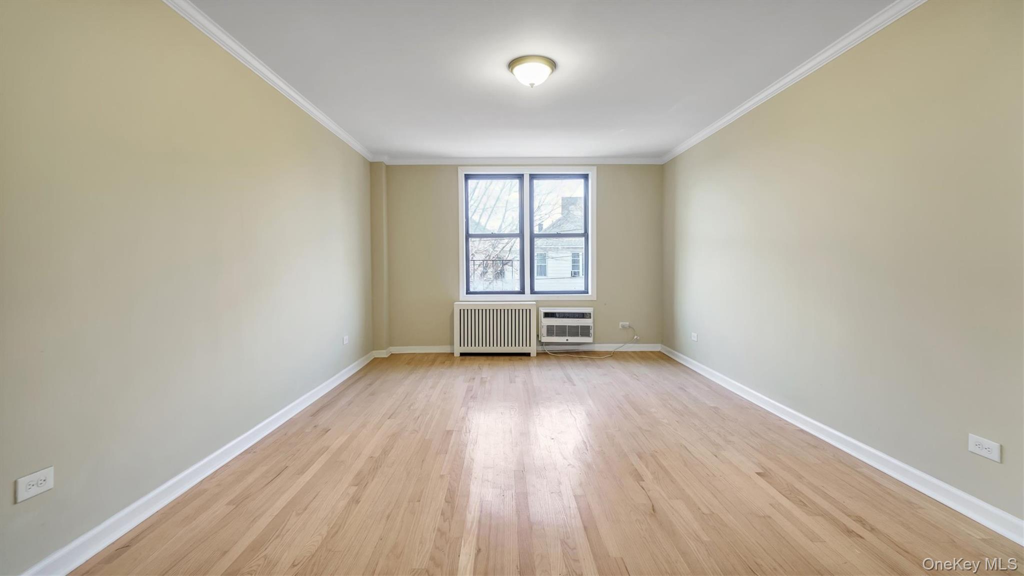 50-21 39th Place, Unit 2C Queens, NY 11104 - Photo 5 of 12 Unfurnished room featuring heating unit, radiator heating unit, light hardwood / wood-style floors, and ornamental molding