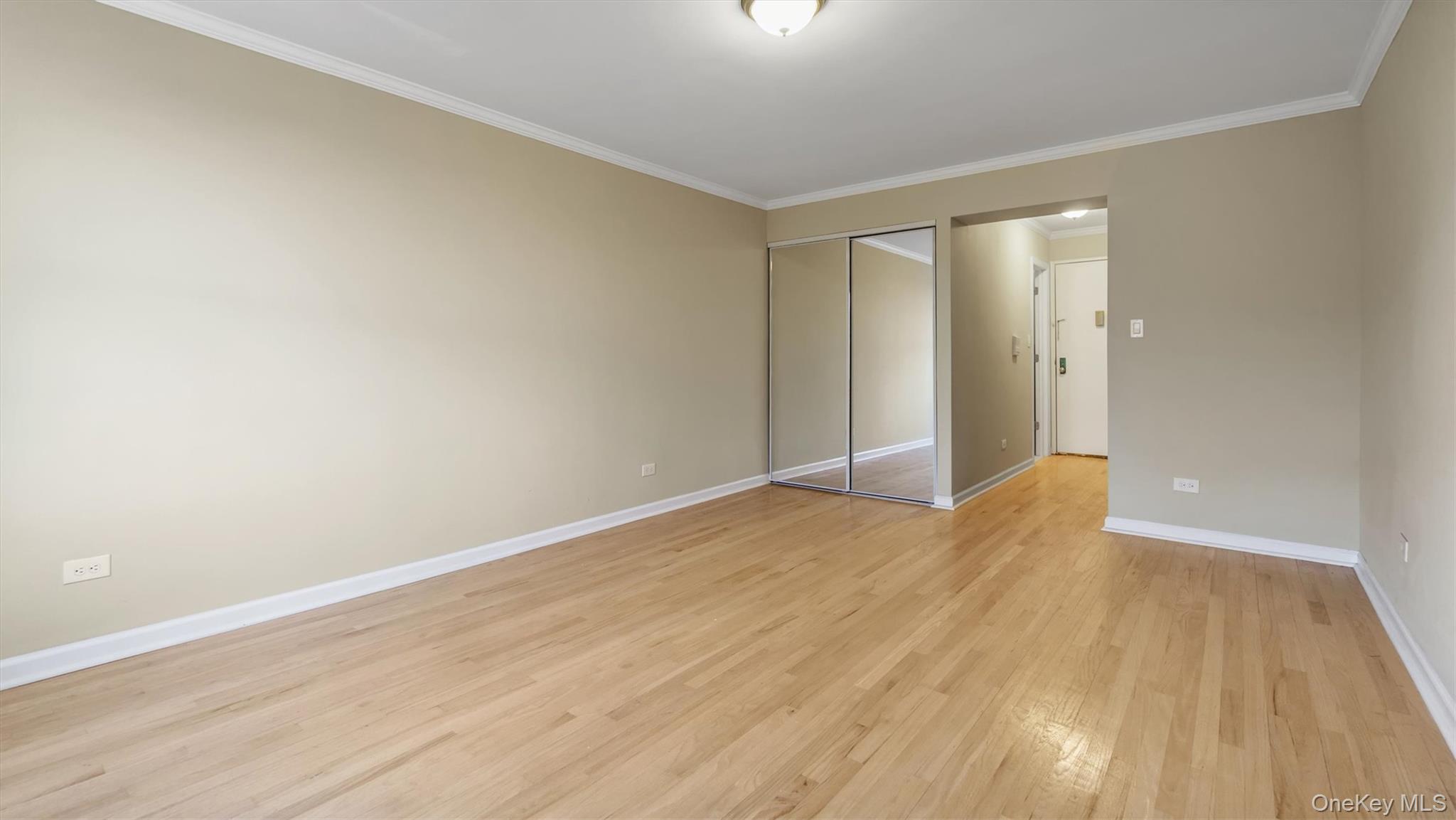 50-21 39th Place, Unit 2C Queens, NY 11104 - Photo 6 of 12 Unfurnished bedroom with light wood-type flooring, crown molding, and a closet