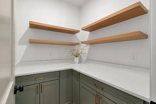 a kitchen with a cabinets and a potted plant on the wall