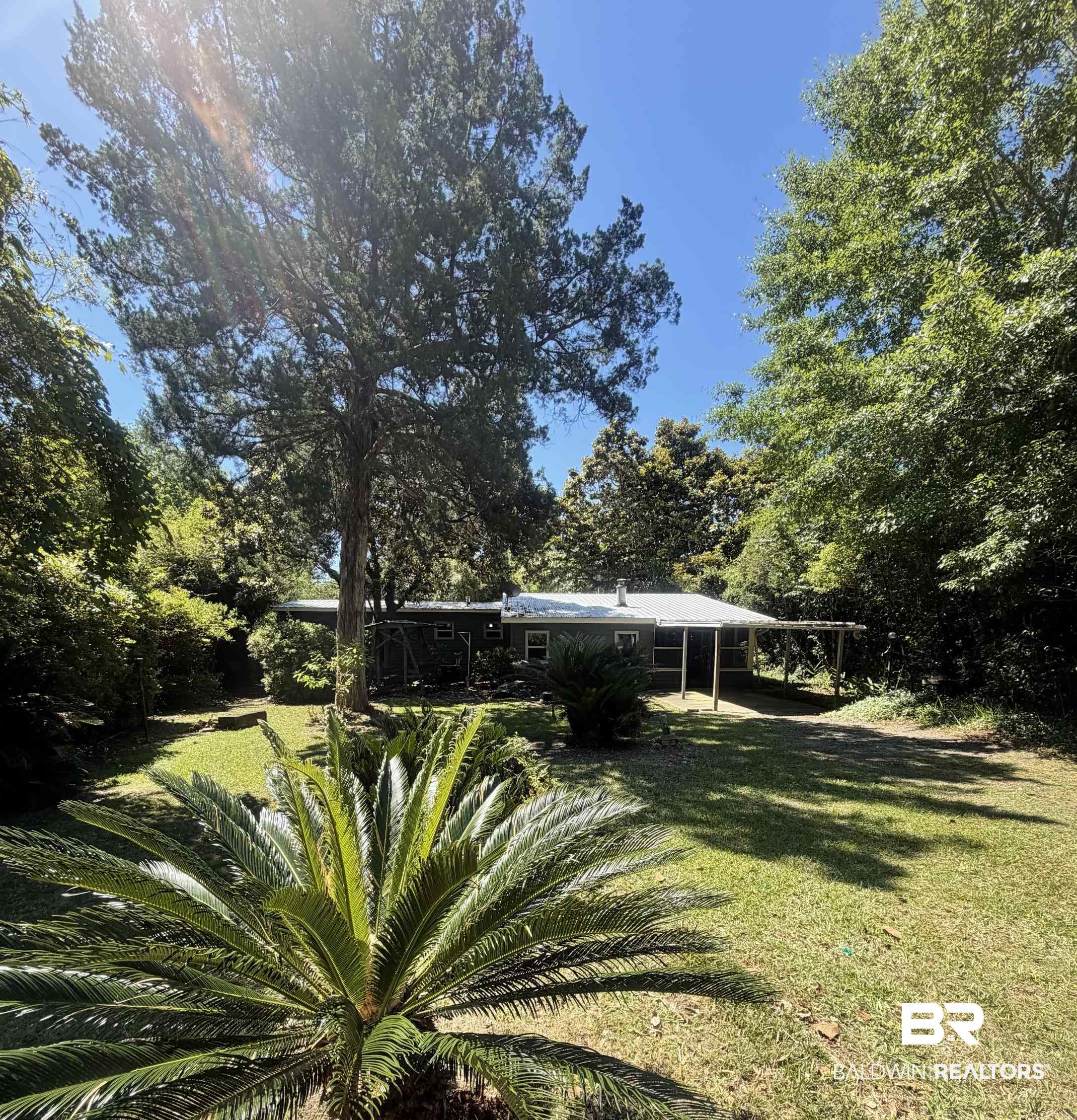 1354 Caney Loop Lillian, AL 36549 - Photo 1 of 45 Expansive grassy yard with mature trees and established landscaping, featuring a visible portion of a single-story residence with a covered side porch
