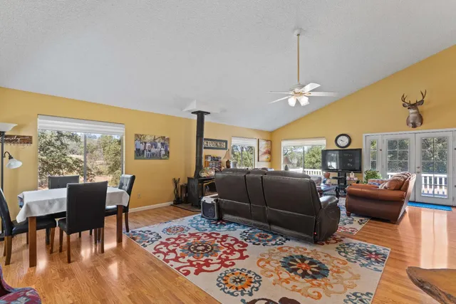 a living room with furniture a rug and a window