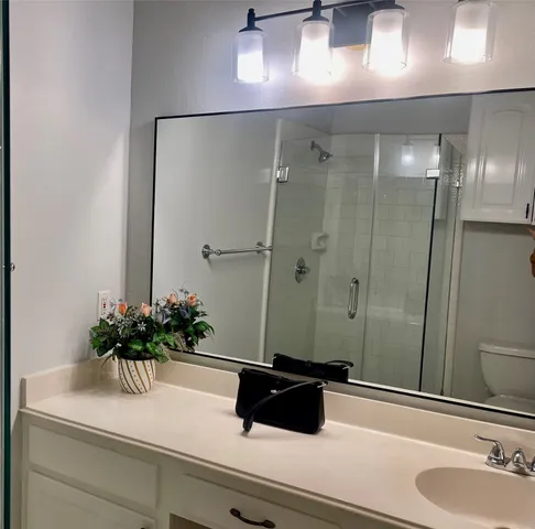 a bathroom with a sink a large mirror and a shower