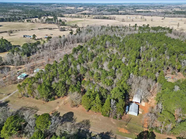 an aerial view of a beach with a yard and trees