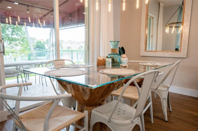a view of a dining room with furniture window and wooden floor