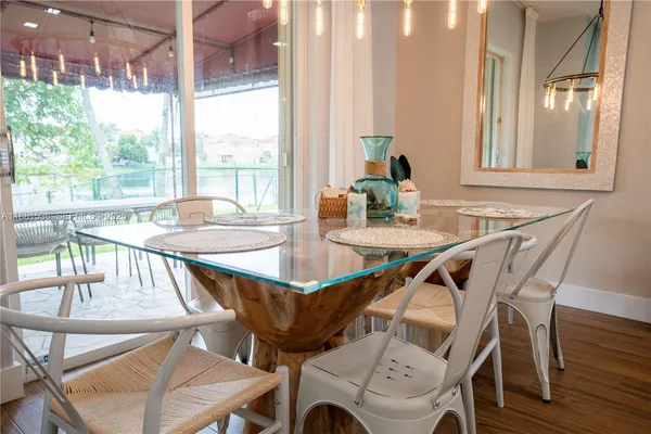 a view of a dining room with furniture window and wooden floor