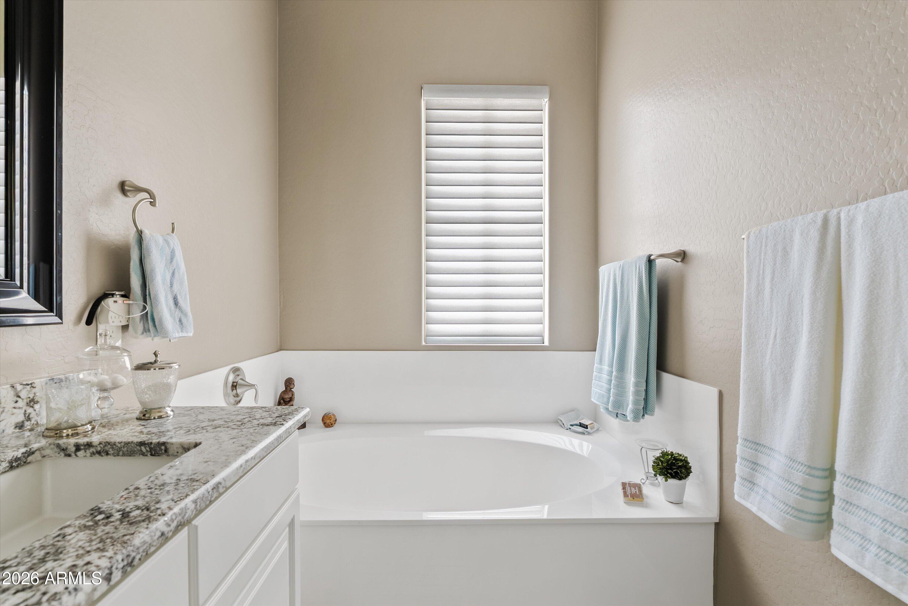 4461 East Jones Street Gilbert, AZ 85295 - Photo 10 of 40 a bathroom with a granite countertop sink and a bathtub