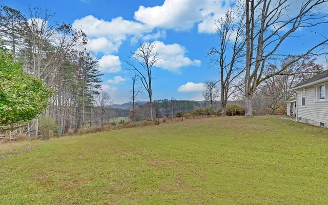 a backyard of a house with large trees