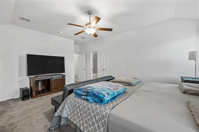 a bedroom with a bed and a couch