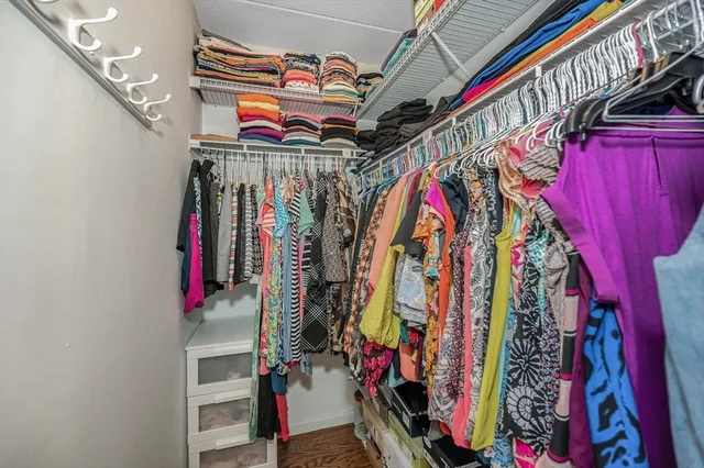 a view of walk in closet with clothes