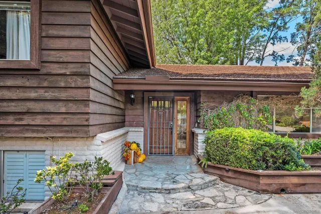 a view of a garden filled with plants and a bench