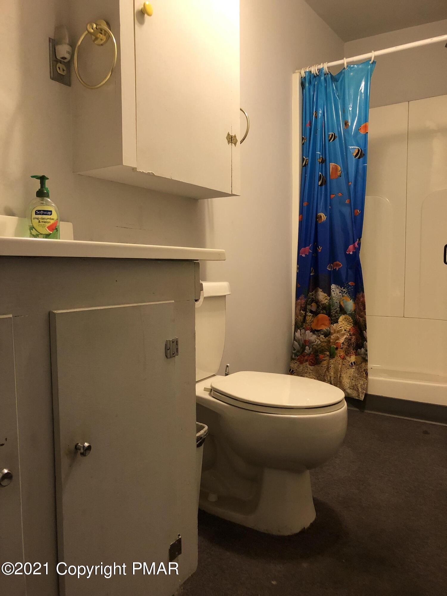 173 Anchorage Road Saylorsburg, PA 18353 - Photo 33 of 56 a bathroom with a toilet and a shower curtain