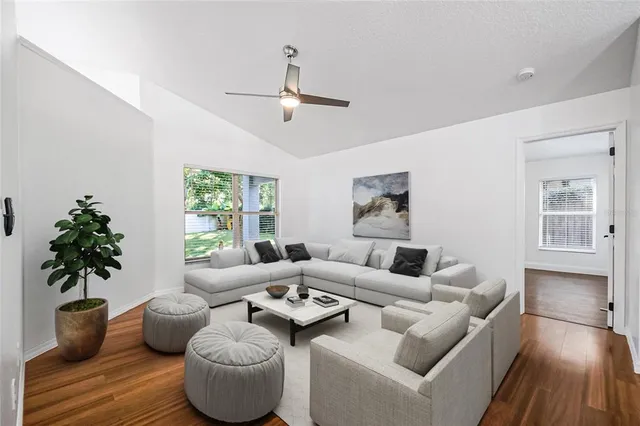 a living room with furniture and a potted plant