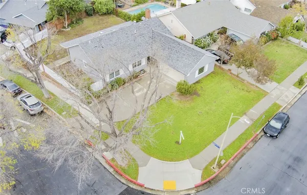 an aerial view of a swimming pool