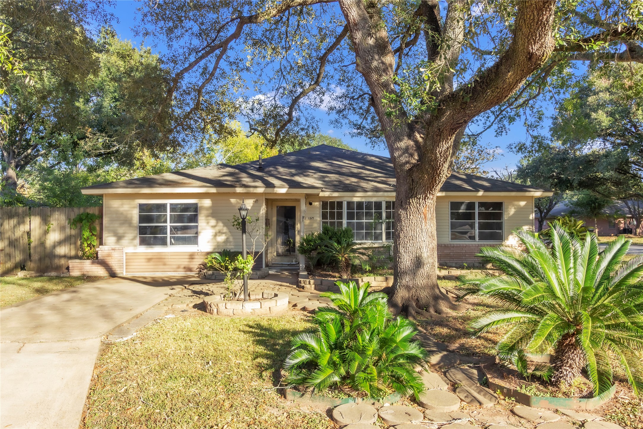front view of a house with a patio