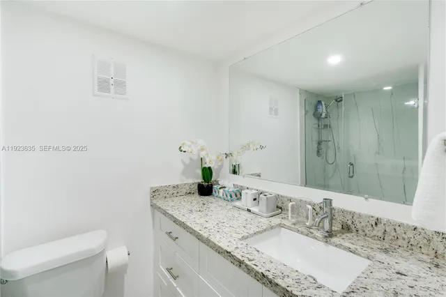 a bathroom with a granite countertop sink a large mirror and toilet