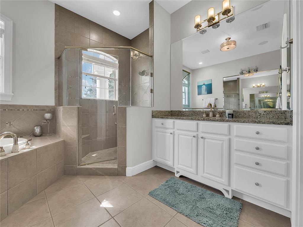 1231 Radiant Street Reunion, FL 34747 - Photo 25 of 26 a spacious bathroom with a granite countertop sink a mirror and a shower