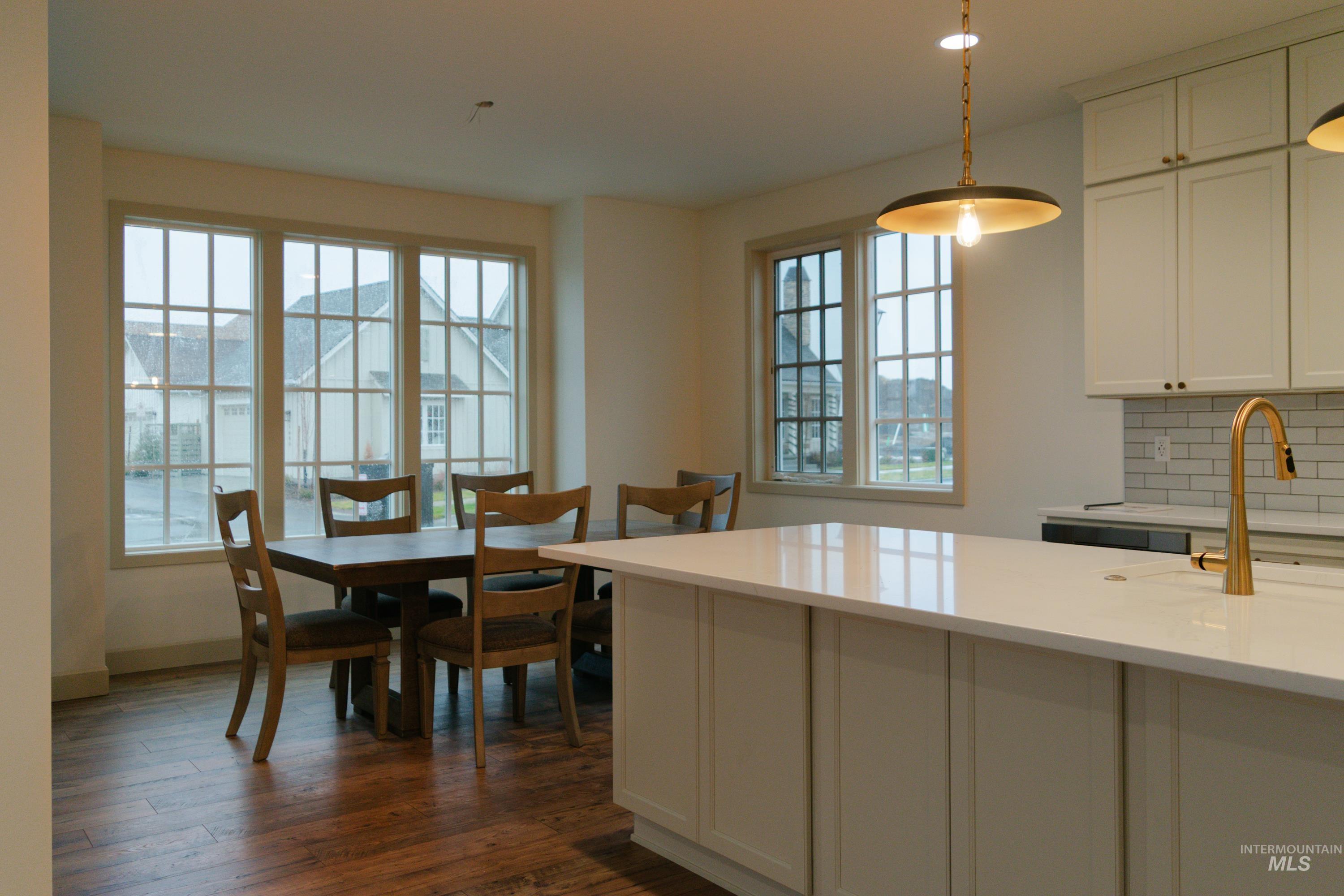 1560 Slonaker, Unit ONYX Moscow, ID 83843 - Photo 10 of 49 Kitchen featuring white cabinetry, plenty of natural light, dark wood-style floors, and backsplash