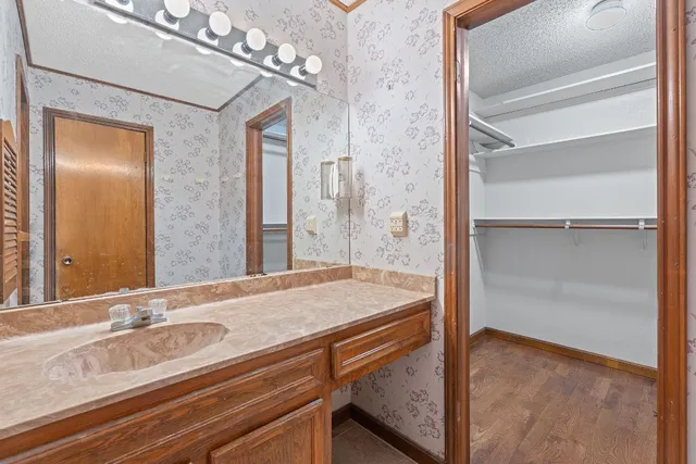 a bathroom with a sink and a mirror