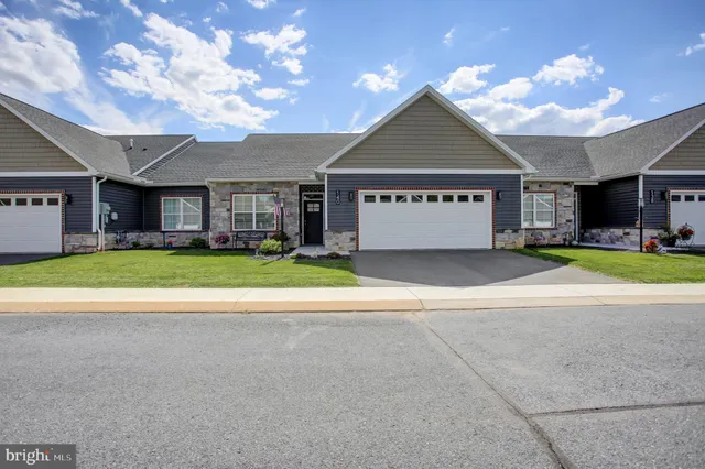 a view of a house with a yard and potted plants