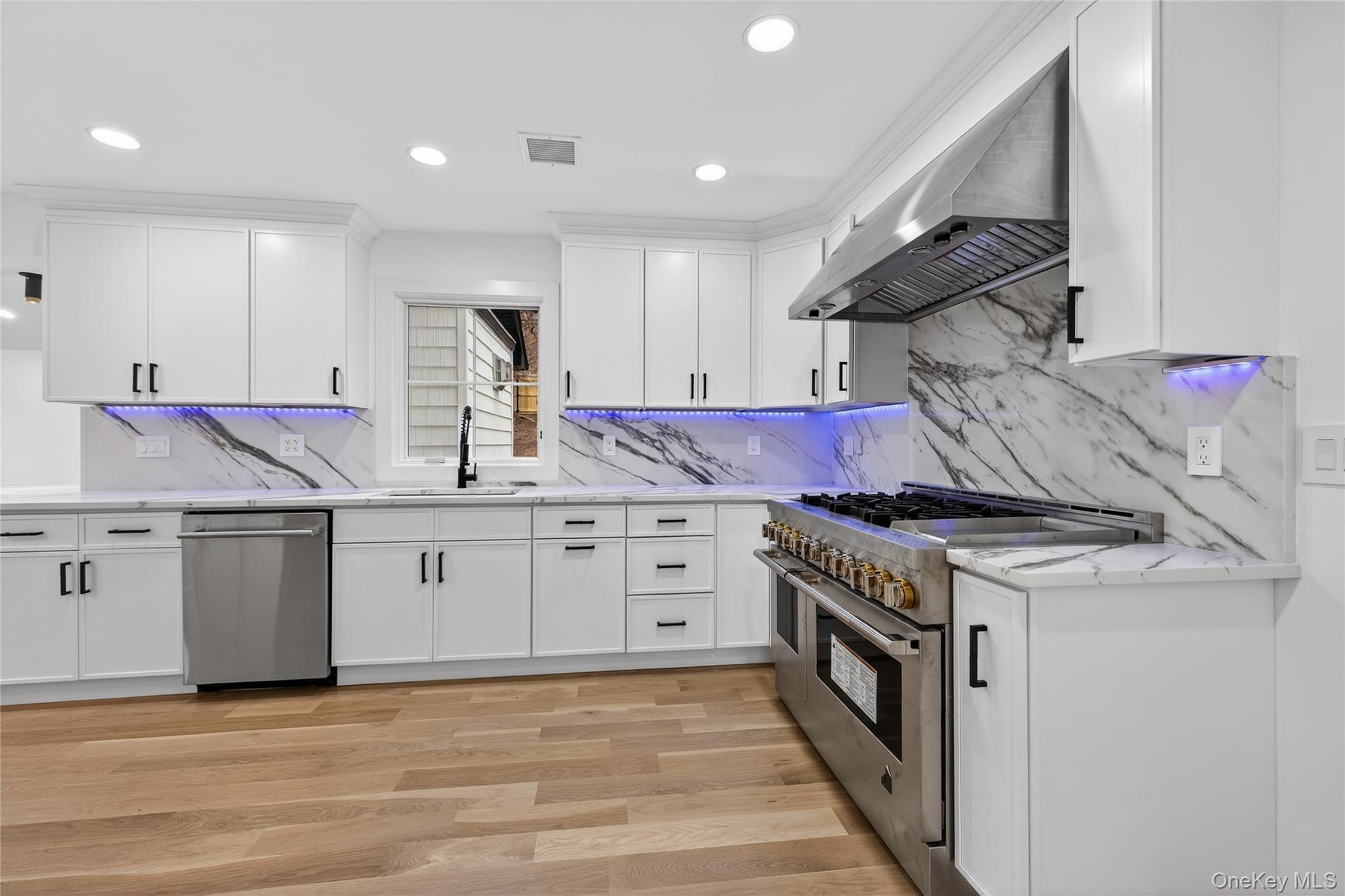 199 Salem Road East Hills, NY 11577 - Photo 8 of 40 Kitchen with appliances with stainless steel finishes, white cabinets, range hood, light wood-type flooring, and light stone countertops