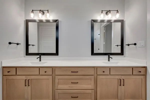 a bathroom with a double vanity sink a mirror and a shower