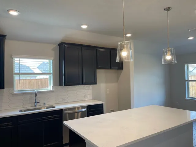 a kitchen with a sink a counter space appliances and cabinets
