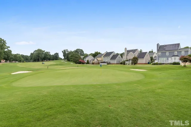 a view of a field with of big trees