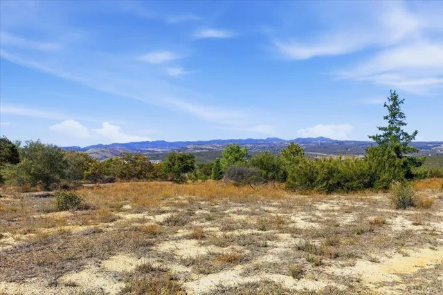 a view of a town with mountains in the background