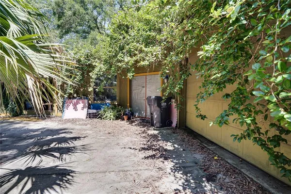 a view of a backyard with a tree
