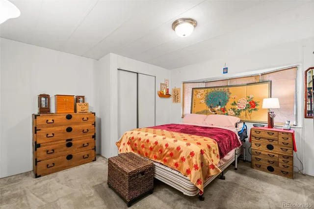 a bedroom with a bed and a book shelf