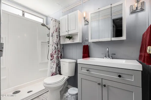 a bathroom with a sink a toilet and shower