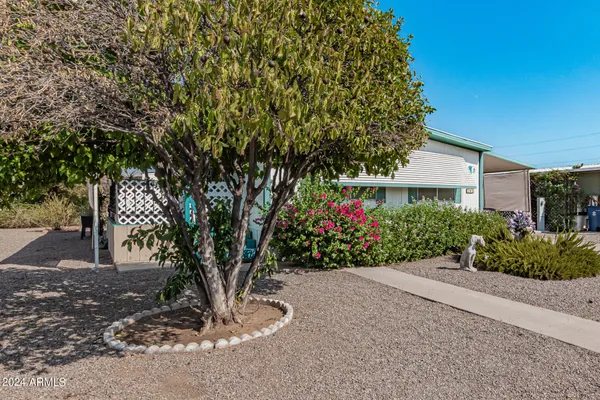 a front view of a house with a yard and potted plants