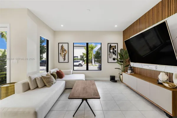 a workspace with furniture and wooden floor
