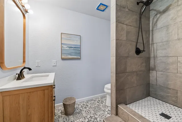 a bathroom with a sink a toilet and shower