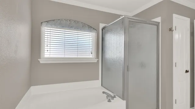 a bathroom with a bathtub and a shower