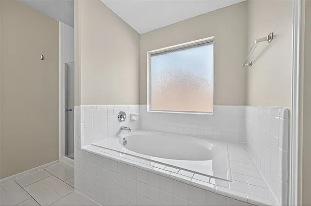 a bathroom with a bathtub and a shower