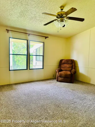 a view of an empty room with a window and a fireplace