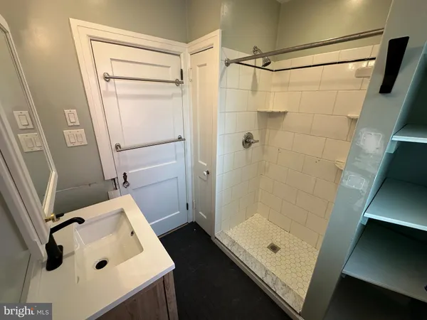 a bathroom with a shower and a sink