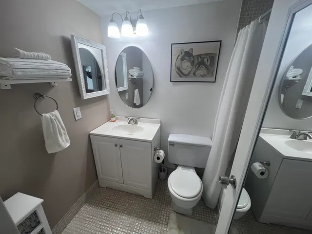 a bathroom with a toilet sink and mirror