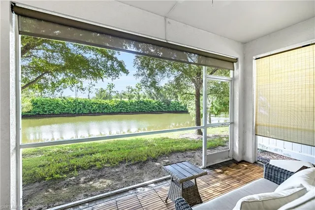 an aerial view of lake and residential houses with outdoor space