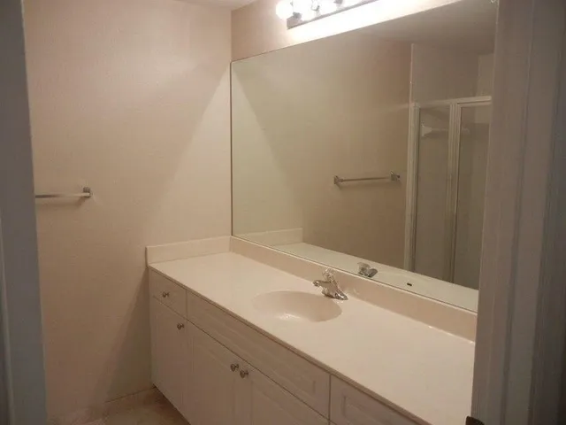 a bathroom with a sink and vanity